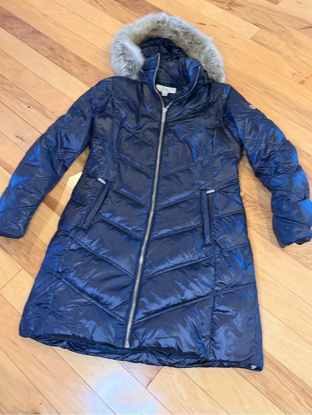Michael Kors Navy Blue Chevron Quilted Faux Fur Trim Hooded Puffer Coat Jacket